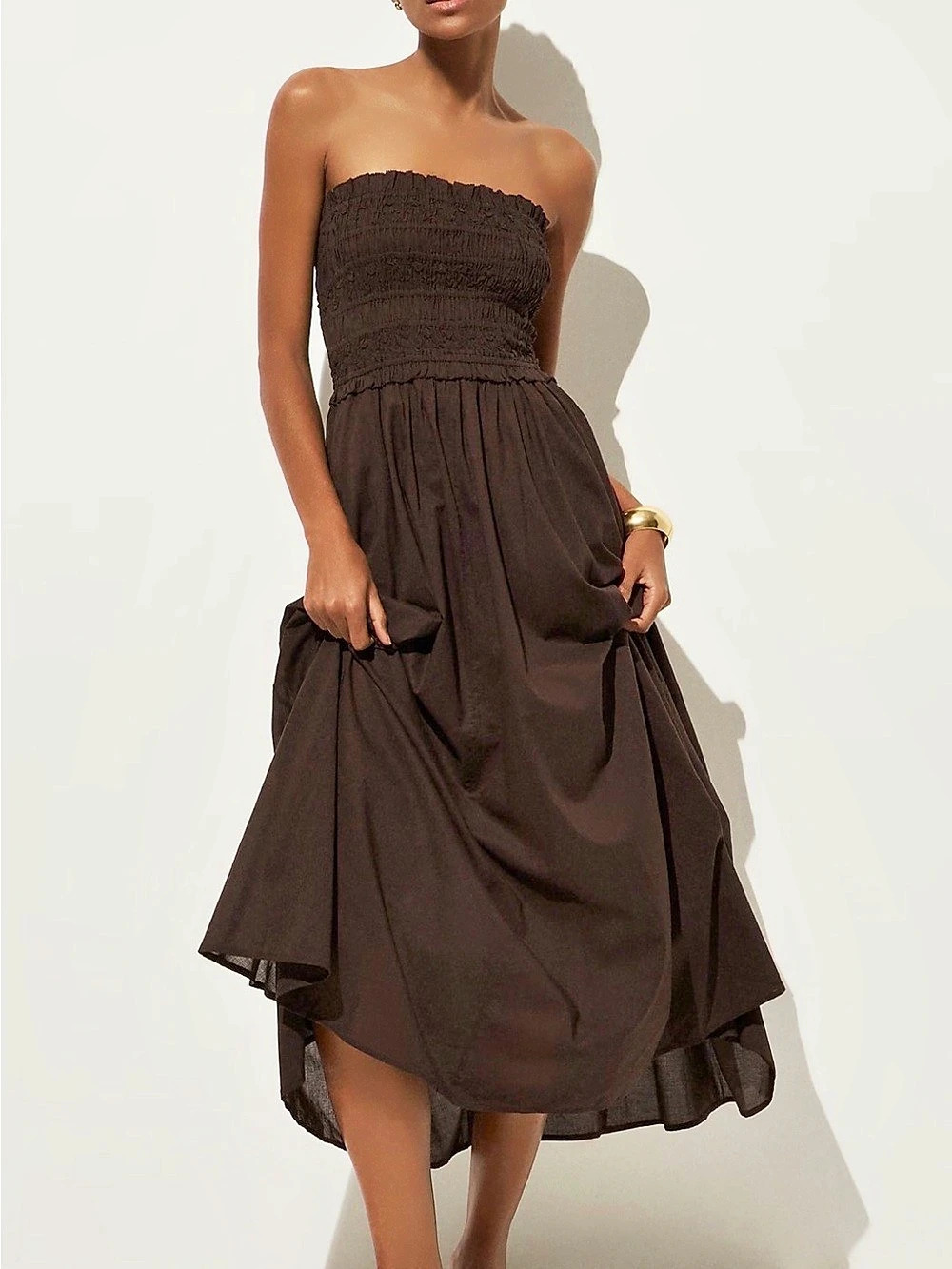 J. Crew Strapless Smocked Midi Dress in Brown Like New size M. Removable straps.